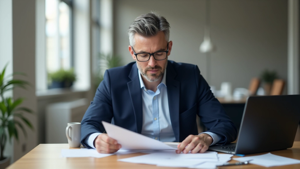 Geschäftsleute beim Besprechen von Dokumenten an modernem Schreibtisch mit Laptop, professionelles Bürolicht