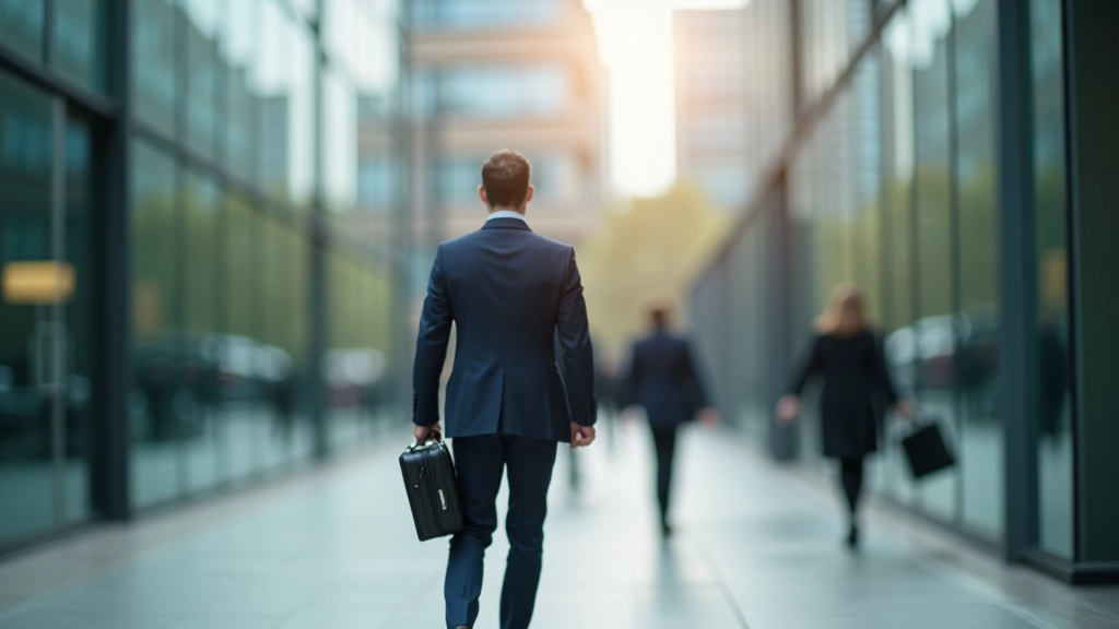 Person mit Rucksack betritt neues Bürogebäude, Tageslicht, Jobwechsel Symbol
