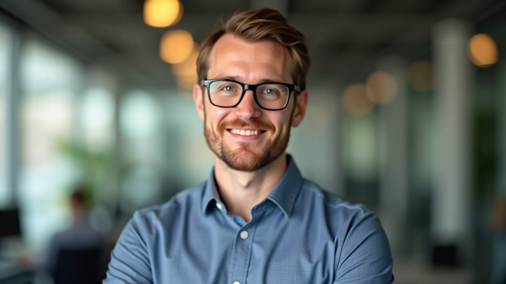 Finanzexperte mit Brille, Portrait von Brust aufwärts, modernes Büro, natürliche Beleuchtung