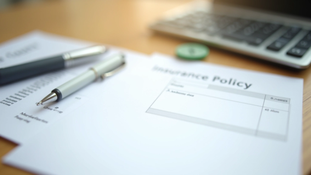 Versicherungsdokumente und Stift auf Schreibtisch mit Rechner, helles Bürolicht