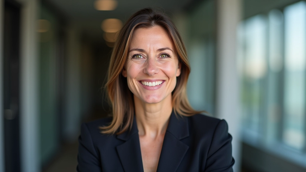 Juristin mit dunklem Haar, Portrait von Brust aufwärts, Büroumgebung, gleichmäßiges Licht