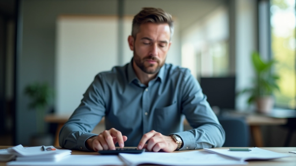 Geschäftsmann berechnet Beiträge und Zuschüsse am Schreibtisch mit Taschenrechner und Dokumenten