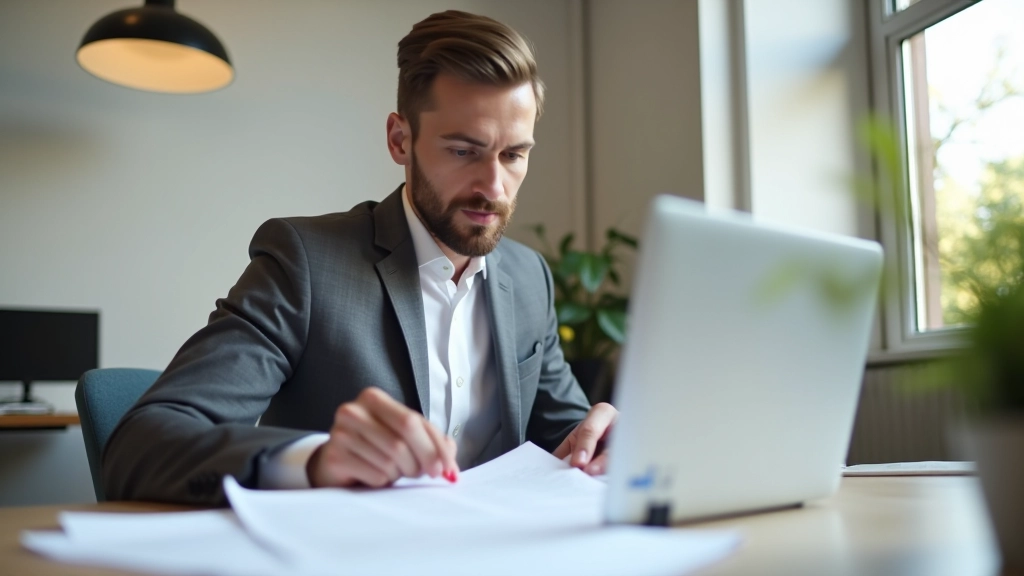 Geschäftsperson in grauem Anzug mit Dokumenten am modernen Schreibtisch, natürliches Licht von oben