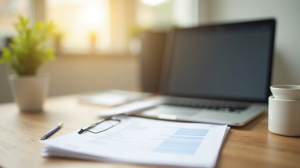 Arbeitsplatz mit Laptop, Kaffee und Finanzunterlagen, Morgenlight von links, minimalistisch