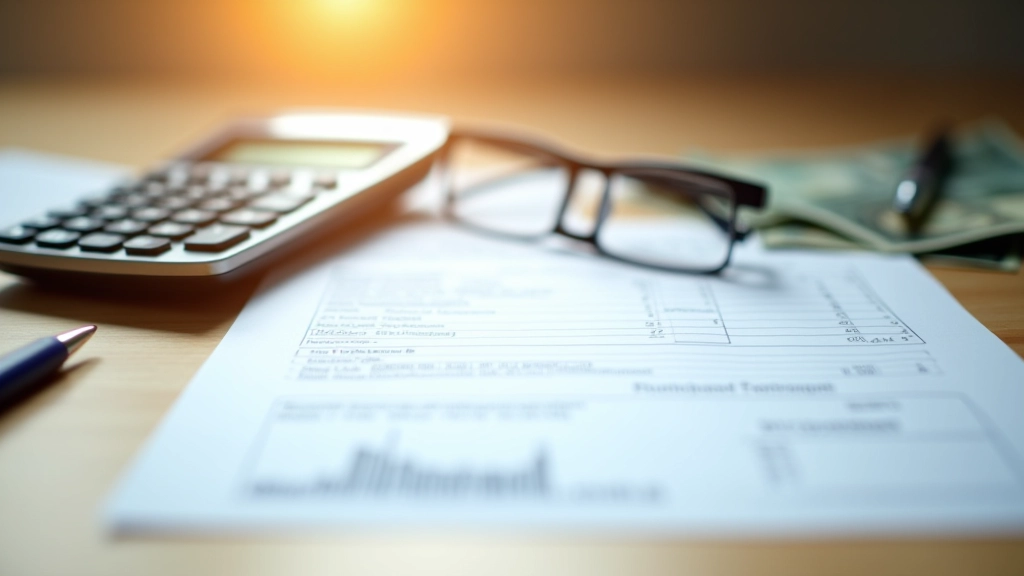 Sichere Schreibtischszene mit Geldscheinen, Versicherungsdokumenten und Taschenrechner, warmes Bürolicht, fokussierte Details