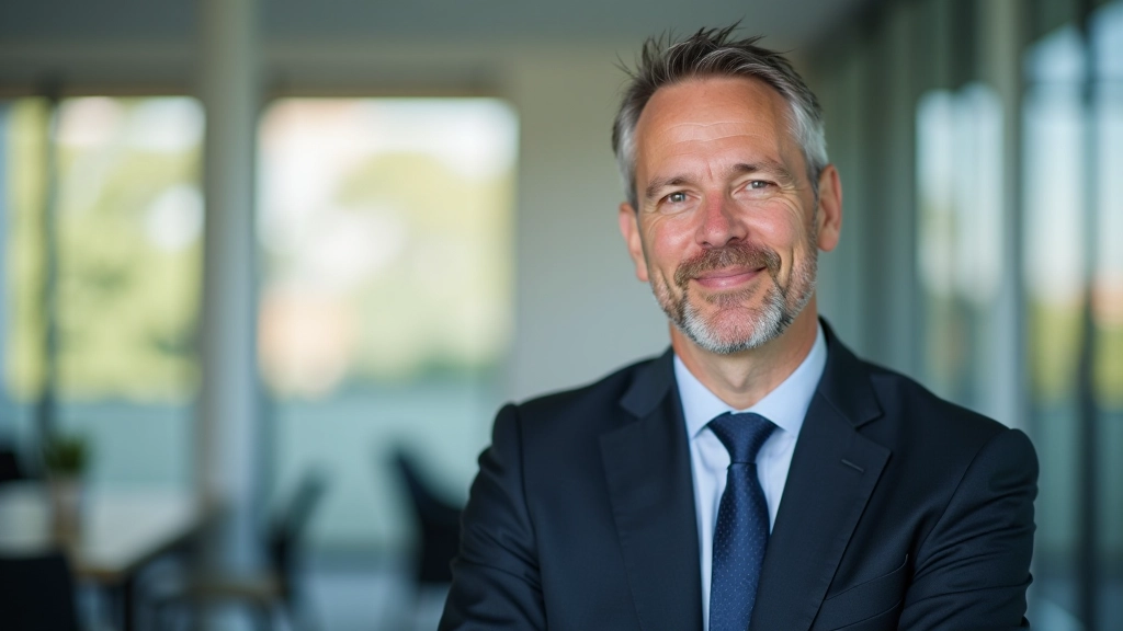 Altersvorsorgeberater mit Anzug, Portrait von Brust aufwärts, modernes Büro, warmes Licht