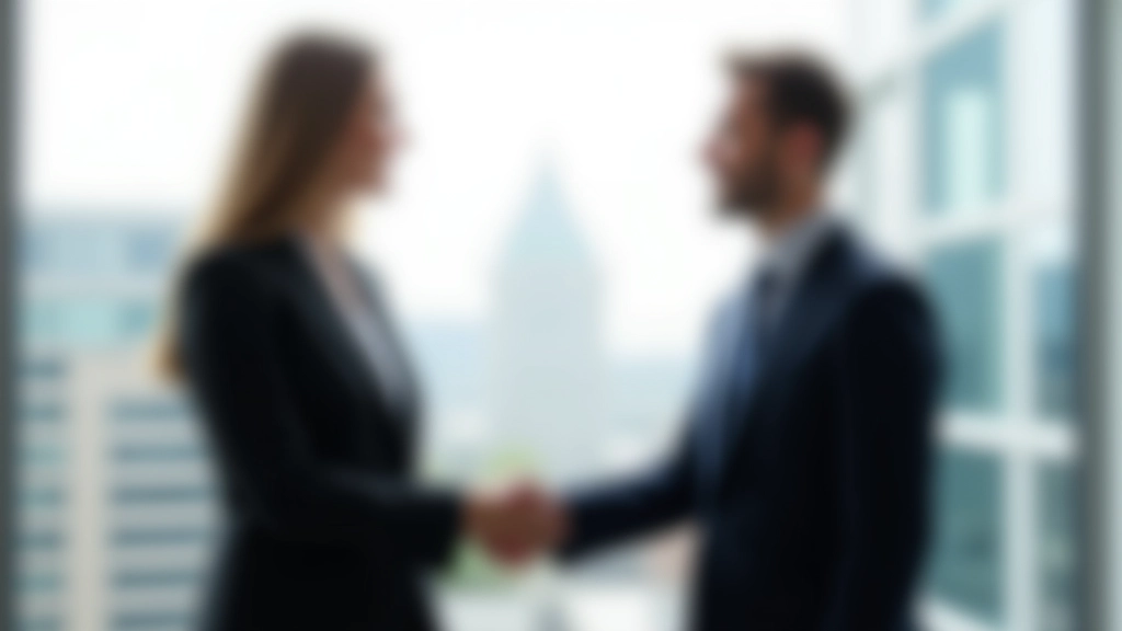 Zwei Geschäftsleute in Anzügen schütteln Hände im modernen Büro mit Fenster im Hintergrund