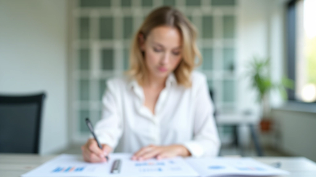 Finanzberaterin mit Grafiken und Charts auf dem Bildschirm, modern eingerichtetes Büro, Tageslichteinstrahlung